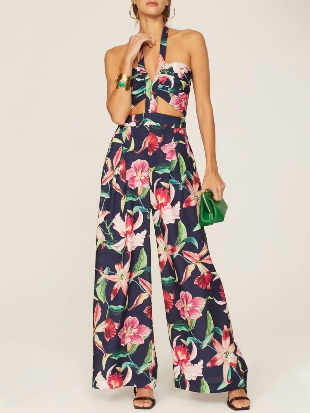 PatBO Laelia Floral Halter Cutout Jumpsuit Navy Pink Size 6